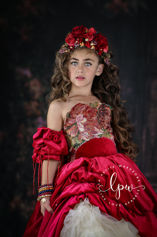 woven tapestry fabrics, velvet, ruffled tulle