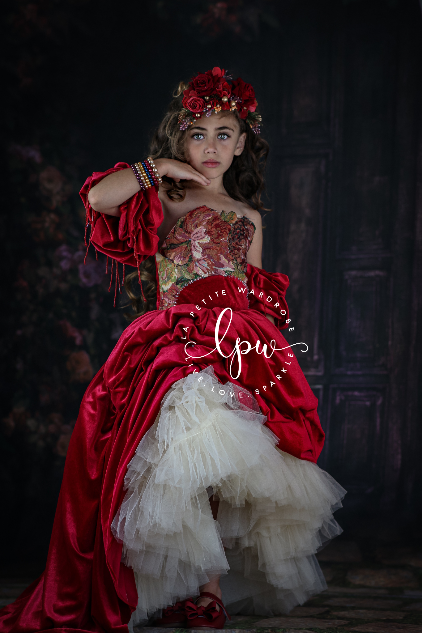 woven tapestry fabrics, velvet, ruffled tulle