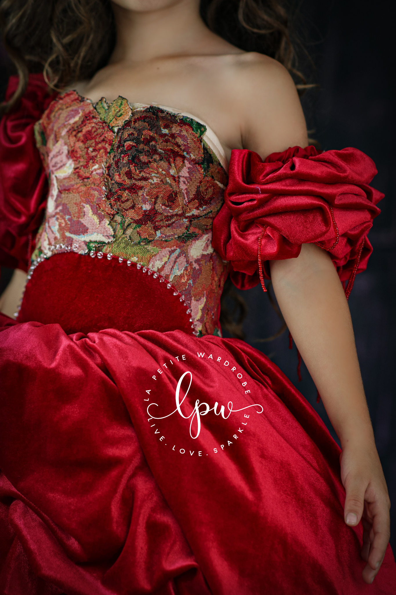woven tapestry fabrics, velvet, ruffled tulle