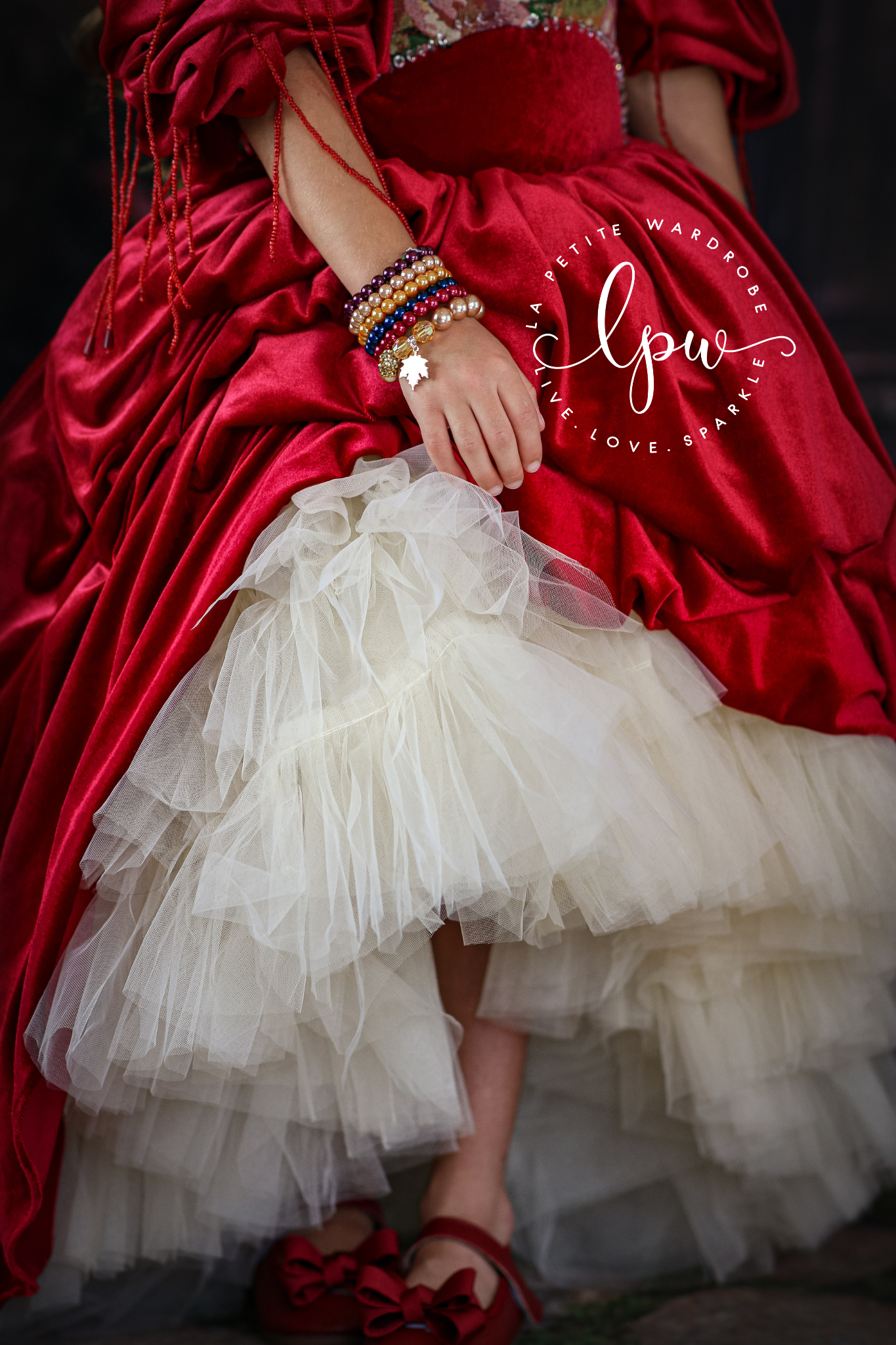woven tapestry fabrics, velvet, ruffled tulle