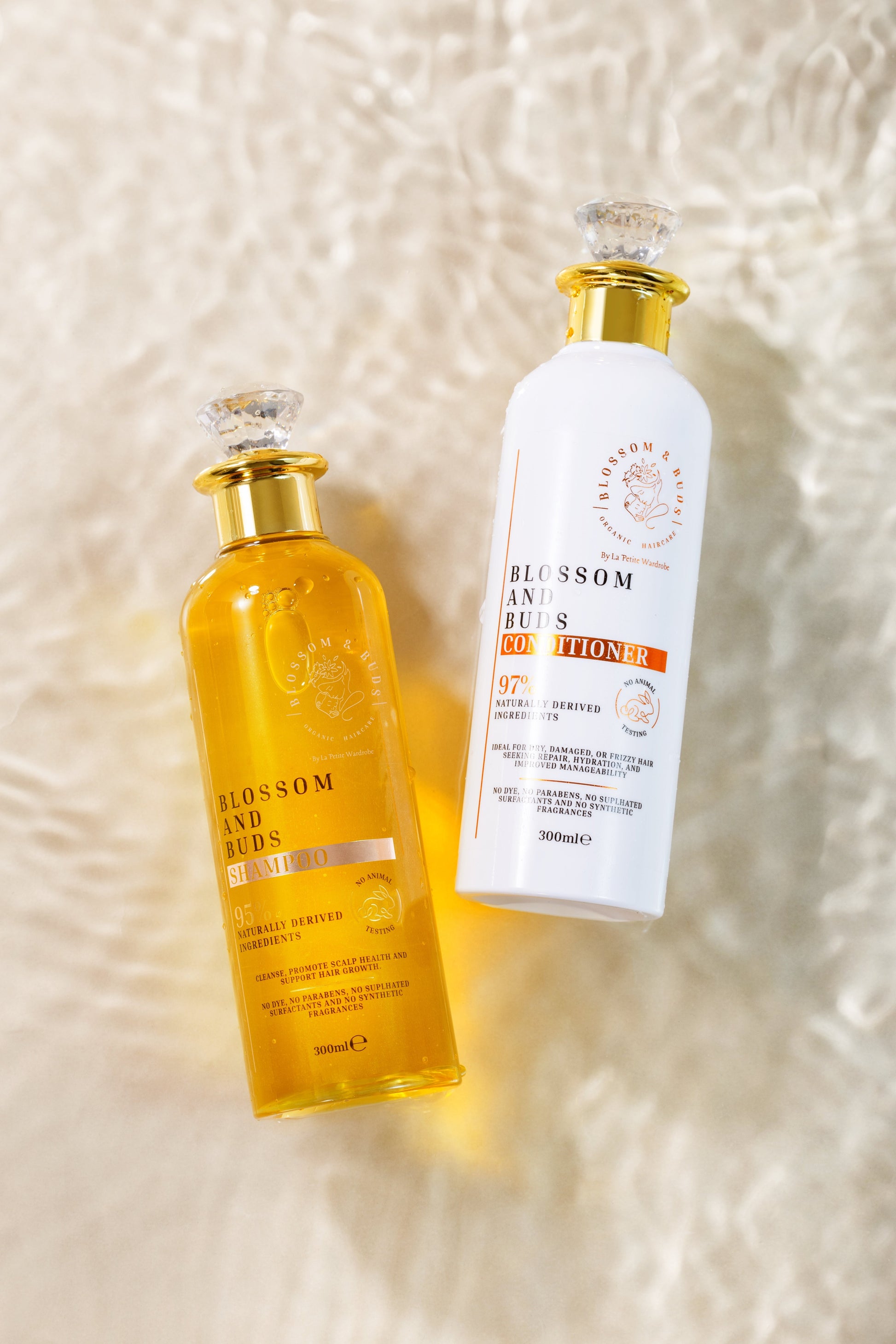 Blossom & Buds organic haircare bottles close-up