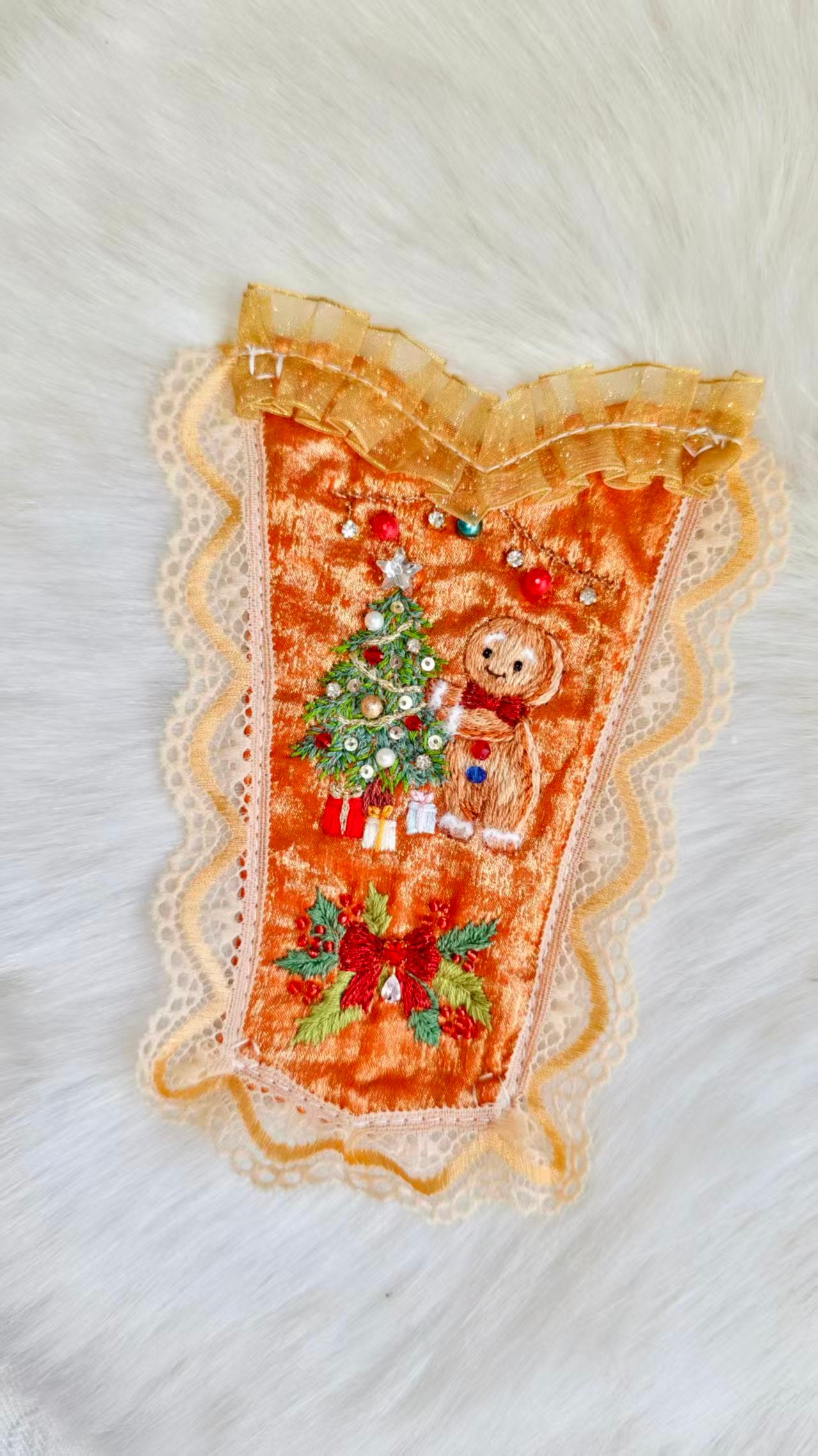Gingerbread swap panel - hand-embroidered Christmas tree, gingerbread man and holly on crushed velvet with antique lace trim