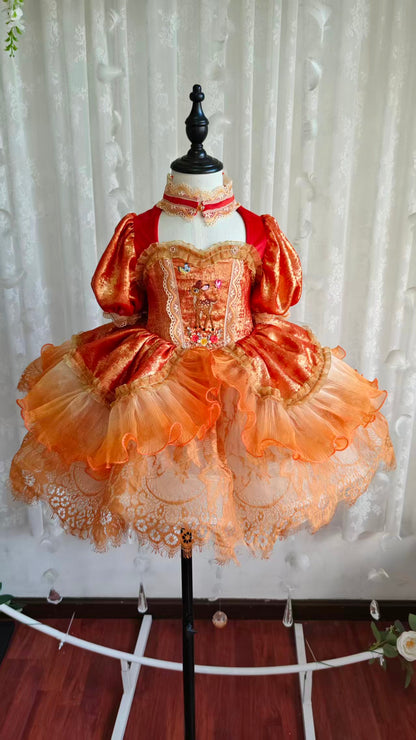 Fawn dress on mannequin - full front view showing embroidered bodice, tiered organza and lace skirt