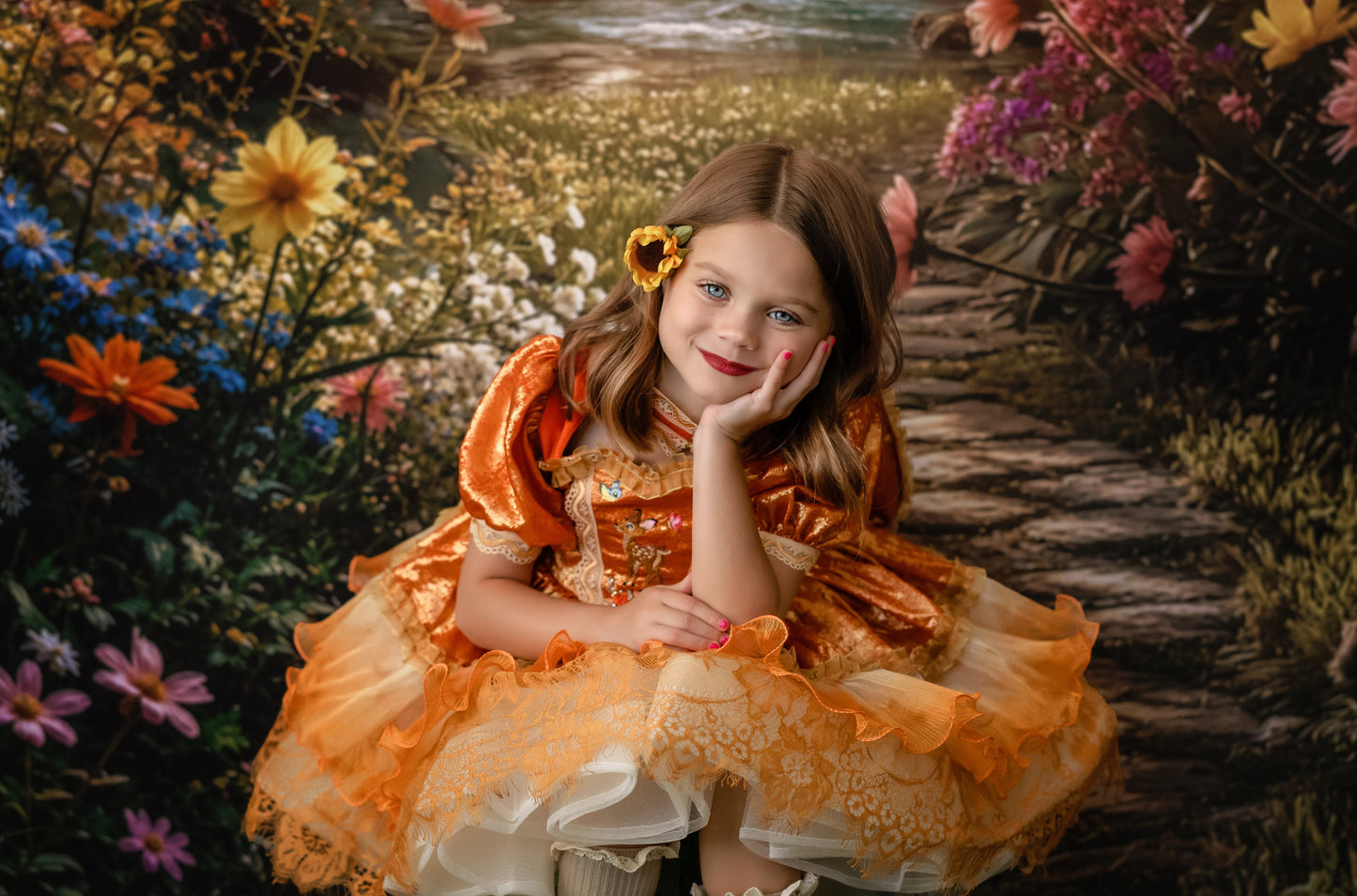 Fawn dress worn in autumn woodland setting