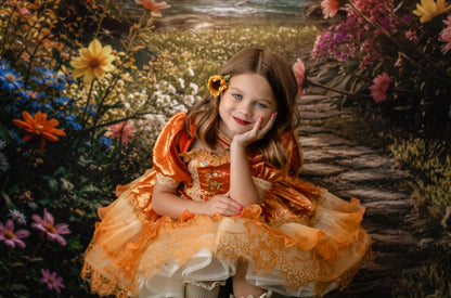 Fawn dress worn in autumn woodland setting