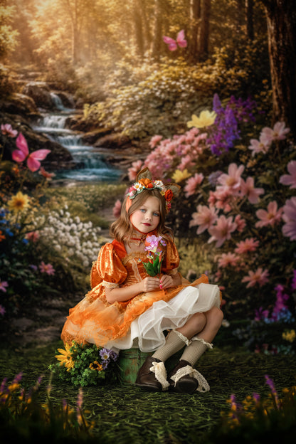 Fawn dress full look - hand-embroidered fawn bodice with amber organza and antique lace skirt