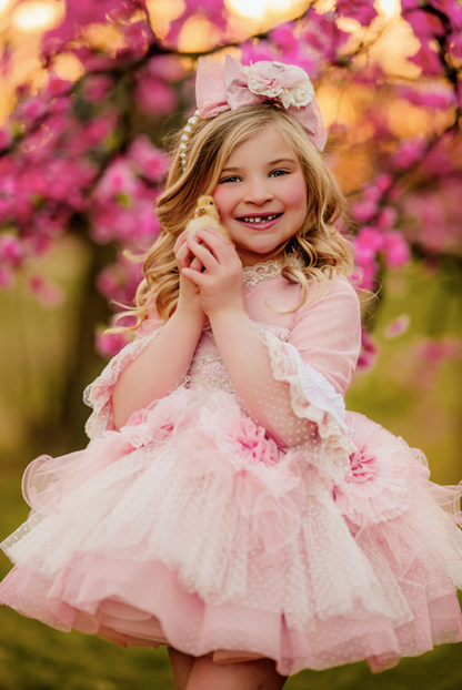 Peachy Pink Dress with Flower Ribbon Headband