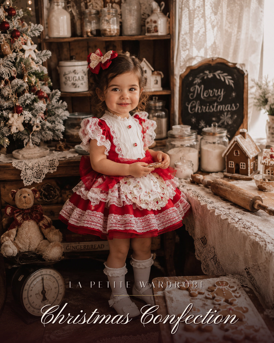 Girl wearing the Christmas Confection red taffeta dress with ivory lace trims and rose-embroidered apron