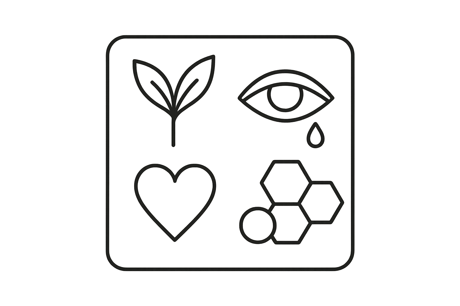 generate an icon with thin black line to mean Cruelty-Free & Vegan, Tear Free, Real Ingredients, real Results